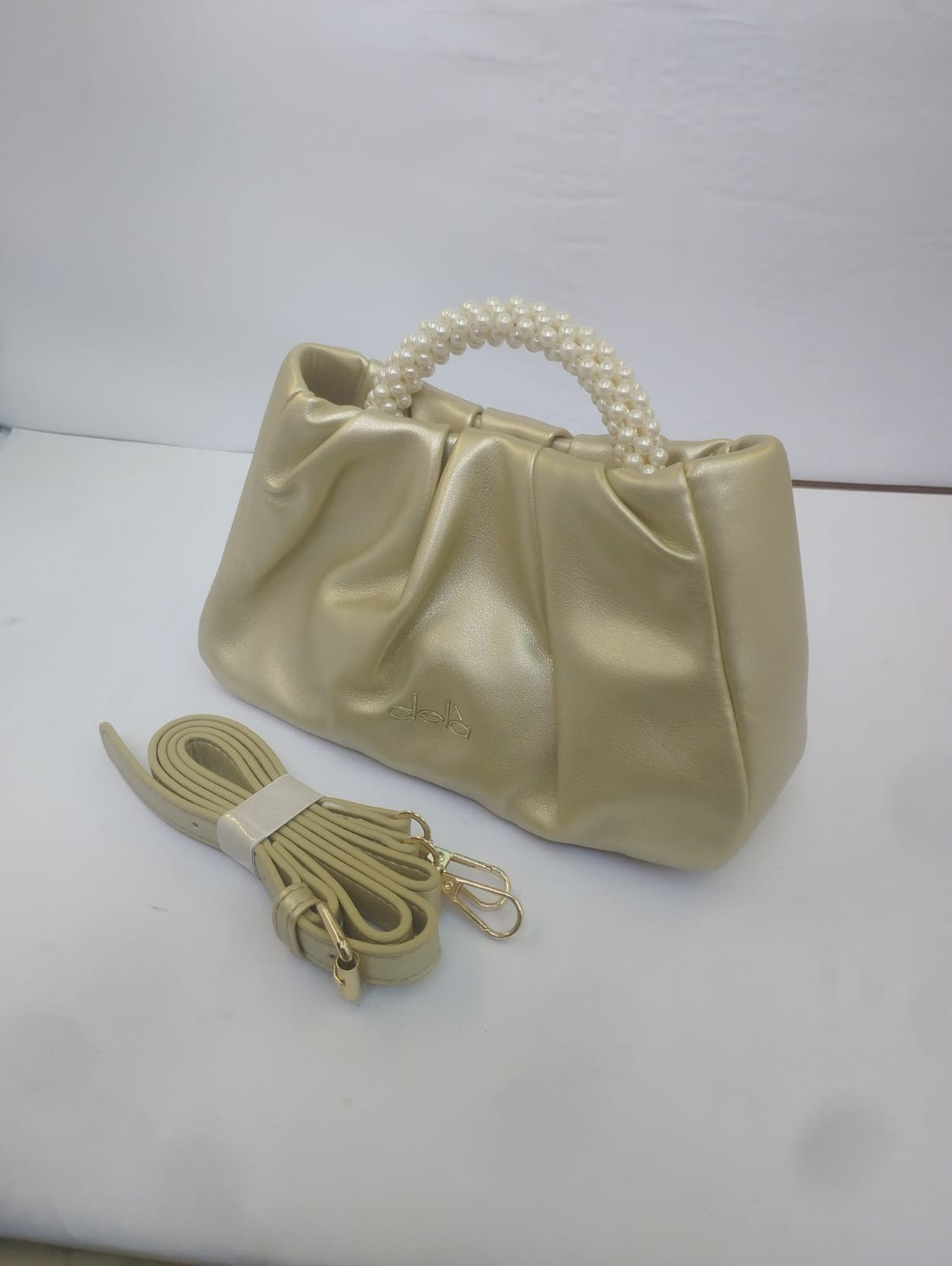 Luxury Champagne Gold Pearl Handle Shoulder Bag for Women